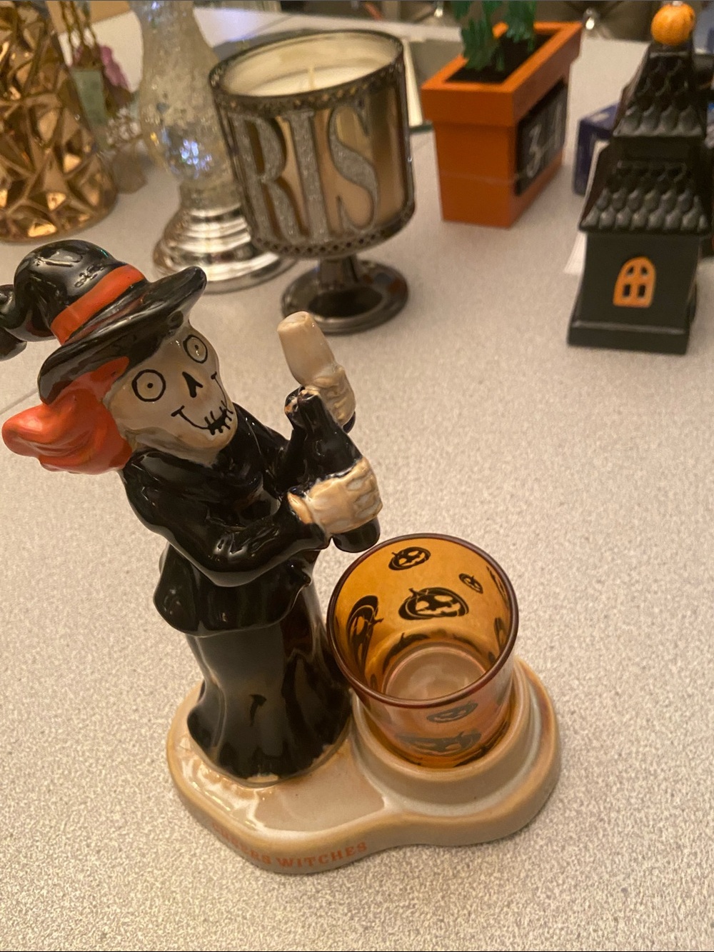 Ceramic Halloween Witch Shot Glass Holder with Orange Jack-O'-Lantern Cup